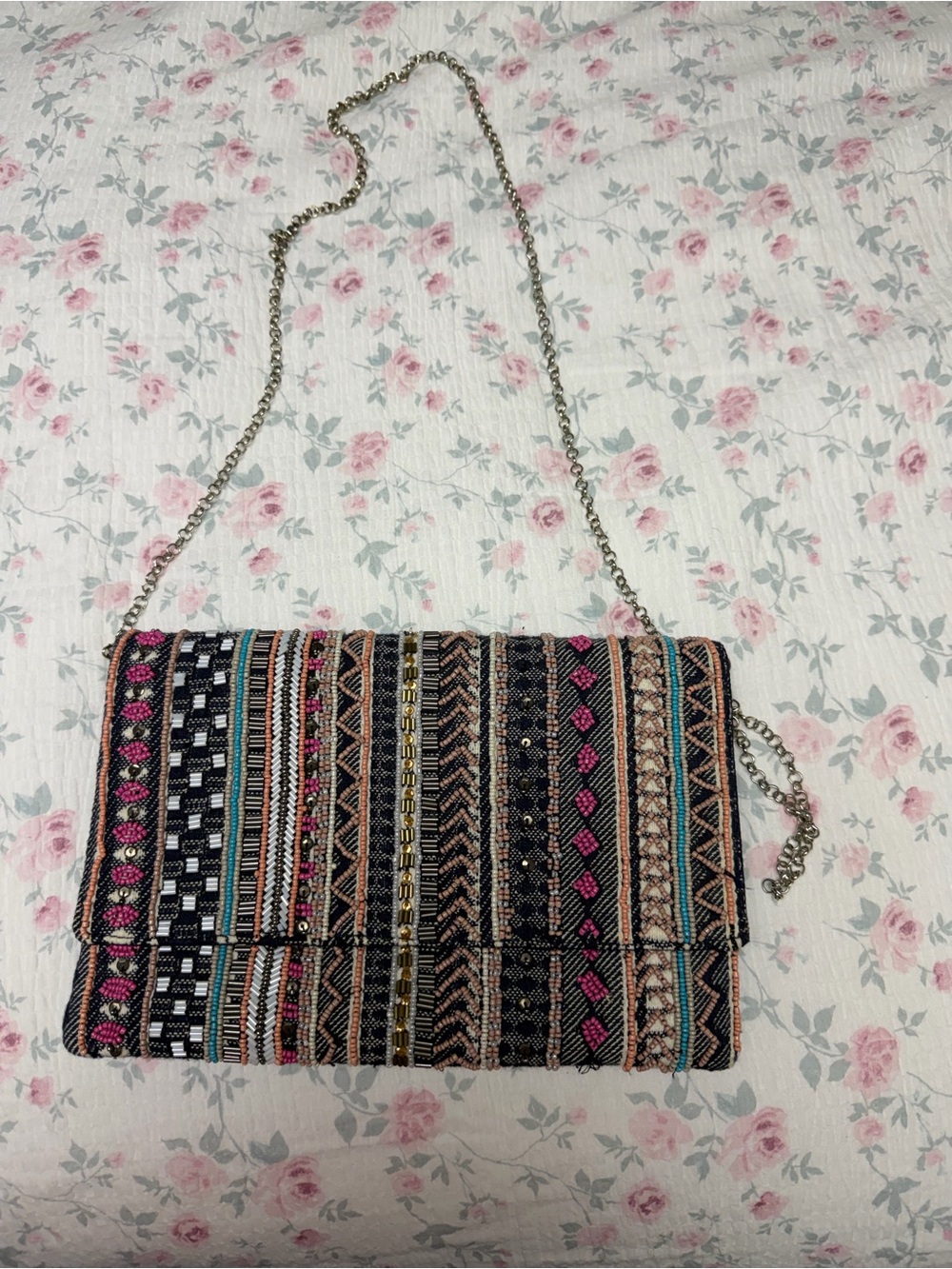 Multi colored beaded crossbody with chain strap